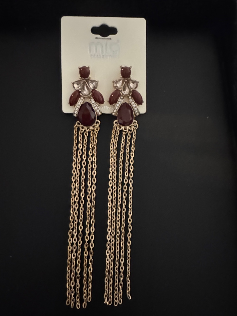 MIA  COLLECTION Gold Long Chain Tassel Earrings with Burgundy and Clear Stones